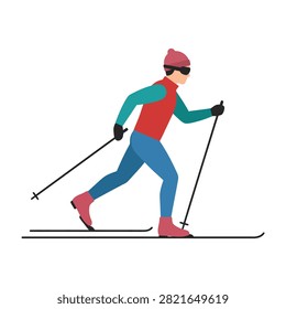 Person skiing down a snow covered mountain slope, wearing a red vest, blue pants, and pink boots recreationally