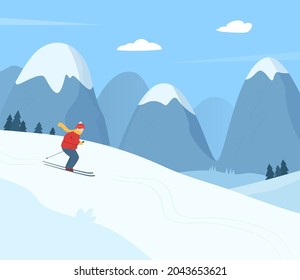 A person is skiing in the mountains in winter day. Flat cartoon illustration of winter activity.