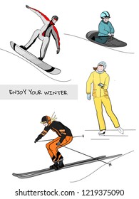 Person skiing, snowboarding, skating, sledding,  flat style design. Winter sport/
