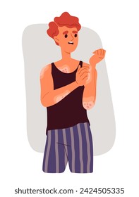 Person with skin disease. Guy with white spots at skin. Dermatological problems and illness. Graphic element for website. Cartoon flat vector illustration isolated on white background