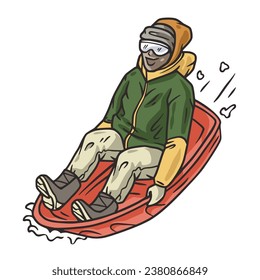 Person sledding down snowy hill. Winter sport , sled activity, outdoor joy and fun, and seasonal excitement. Snow tubing