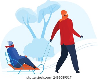 Person sledding outdoors winter snow activity, warm winter clothing, trees, isolated white, cold outdoor fun, vector illustration. Happy children sledging, snow