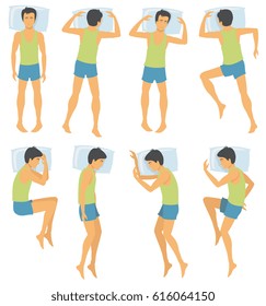 Person sleep positioning, man in different sleeping poses in bed. Vector illustration. Male position sleep and comfortable night pose for sleep