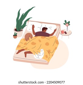 Person Sleeping Alone With Cute Cats In Bed. Single Black Man Asleep In Bedroom At Home. Pet Owner Lying, Relaxing, Dreaming With Felines. Flat Graphic Vector Illustration Isolated On White Background