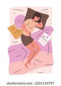 Persona durmiendo en el concepto de cama. Niña adolescente cansada que duerme se acuesta con un libro o diario y sueña. Descanso, relajación y recuperación de energía. Dibujo vectorial plano de dibujos animados aislado en fondo blanco