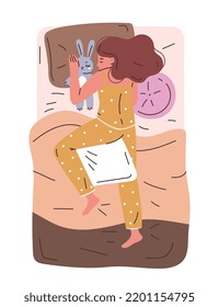 Person sleeping in bed concept. Little tired girl child or teenager lies on soft pillow and hugs toy or plush hare. Night time for rest. Cartoon flat vector illustration isolated on white background