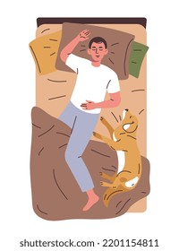 Person sleeping in bed concept. Young tired guy lies with his dog, puppy or pet and dreams. Rest and relaxation at night. High Melatonin. Cartoon flat vector illustration isolated on white background