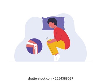 A person sleeping in a curled up position and looks in pain in the knee area which is in pain to the point of not being able to sleep, vector illustration of a health problem.