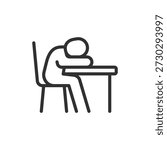 Person sleeping at desk, linear icon. Fatigue from work or study. Line with editable stroke.