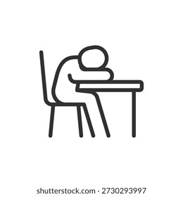 Persona durmiendo en el escritorio, icono lineal. Fatiga del trabajo o del estudio. Línea con trazo editable.