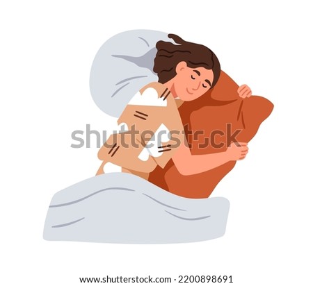 Person sleeping, lying in bed, top view. Happy girl asleep on soft pillows. Young woman sleeper dreaming, reposing, relaxing under blanket. Flat vector illustration isolated on white background