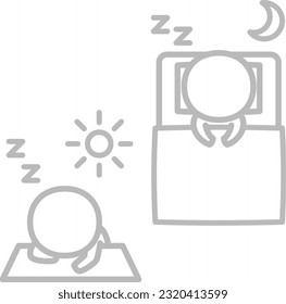 Person sleeping on a bed at night and a person napping at a desk during the day
