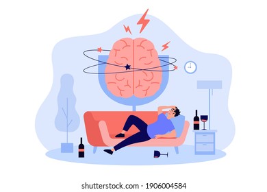 Person sleeping on couch among glasses and bottles of liquor, feeling headache and hangover. Painful brain of drunk man. Vector illustration for booze problems, alcohol addiction, drunkard concept