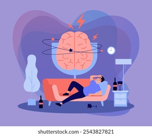 Persona durmiendo en el sofá entre vasos y botellas de licor, sintiendo dolor de cabeza y resaca. Cerebro doloroso del hombre borracho. Ilustración vectorial para problemas de alcohol, adicción al alcohol, concepto de borracho