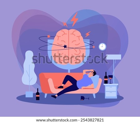Person sleeping on couch among glasses and bottles of liquor, feeling headache and hangover. Painful brain of drunk man. Vector illustration for booze problems, alcohol addiction, drunkard concept