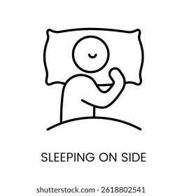 Person sleeping on side with pillow minimal symbol for healthy sleep posture ads medical sleep content and mattress branding line icon in vector with editable stroke.