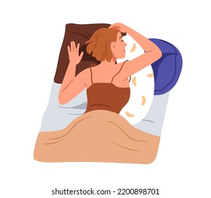 Persona durmiendo en el estómago. Mujer durmiendo en posición de vientre con almohada ortopédica, tumbada bajo una manta. Niña soñando relajante en la cama, vista superior. Ilustración vectorial plana aislada en fondo blanco