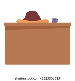 Person is sleeping at their desk with their head down and a coffee mug next to them