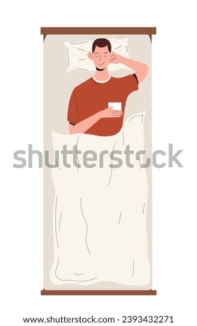 Person sleeping top view. Man in red sweater at bed. Rest and relax at night. Recuperation and dream. Social media sticker. Cartoon flat vector illustration isolated on white background