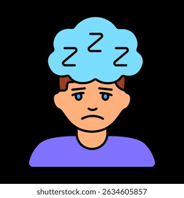 Pessoa com ícone de nuvem de pensamento sonolento. Nuvem na cabeça com zzz, fadiga ou metáfora de sonolência diurna.