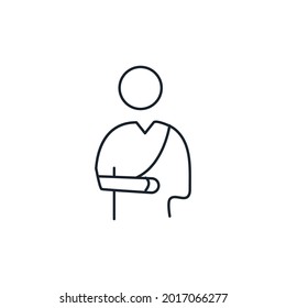 Persona en una honda con un brazo roto Icono de línea delgada ilustración.