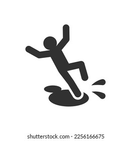 Person slipped on a puddle icon. Careful of the slippery floor. Accident. Monochrome black and white symbol