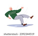 Person slipping, falling down. Old man falls, sliding on slippery wet floor. Clumsy senior elderly person in accident risk, injury danger. Flat vector illustration isolated on white background