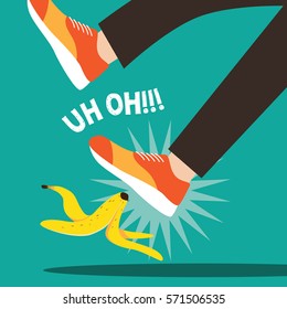 Person slipping on a banana peel flat design. EPS 10 vector.