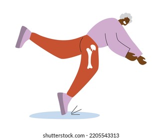 Person slips on water and falls. Flat cartoon vector illustration. Elderly woman breaks hip, thigh bone. Beware slippery floor. Old person in accident. Senior lady gets injured in bathroom.