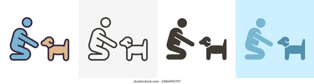 Person with small dog or puppy icon. Vector graphic elements illustrations in different styles. Can fit different concepts. Pet training, adoption, helping abandoned animal, feeding