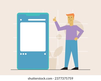 persona con smartphone mostrando medios.  ilustración plana vectorial