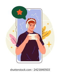 Person mit Smartphone-Doodle. Mann mit Mobiltelefon und Kopfhörern. Junge Leute hören Musik am Gadget oder am Gerät. Cartoon-FlachVektorgrafik einzeln auf weißem Hintergrund