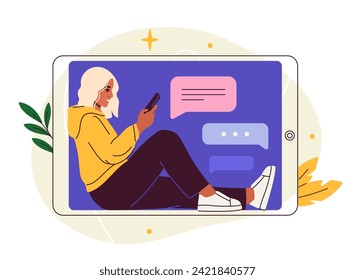 Person with smartphone doodle. Woman sitting with mobile phone. Young girl chatting in social networks and messengers. Cartoon flat vector illustration isolated on white background