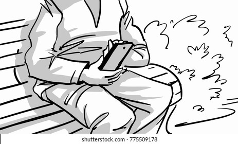 A person with a smartphone is sitting on a bench in the park. Black and white vector sketch. Simple drawing.