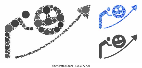 Person smile growing trend mosaic of small circles in different sizes and color tones, based on person smile growing trend icon. Vector small circles are united into blue collage.