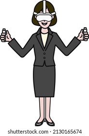 A person with a smile and VR goggles and a controller