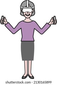 A person with a smile and VR goggles and a controller