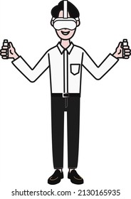 A person with a smile and VR goggles and a controller