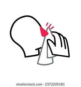 A person sneezes or coughs into a handkerchief and covers his face. Silhouette of a man or woman. Cold, flu, pneumonia, illness, disease, treatment, sore throat. Vector simple outline style, icon