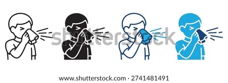 Person sneezing icon set. Person sneezing with droplets, indicating a cold or allergic reaction isolated on white background. Vector illustration.