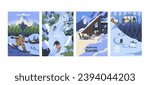 Person snowboarding on mountain. People skiing on track, slope. Group of characters lifts on cable cars, funicular. Holidays in winter resort. Snow vacation. Sport tourism. Flat vector illustration