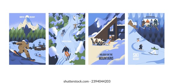 Persona haciendo snowboard en la montaña. Gente esquiando en pista, en pendiente. Grupo de ascensores de personajes en teleféricos, funicular. Vacaciones en el complejo de invierno. Vacaciones de nieve. Turismo deportivo. Ilustración vectorial plana