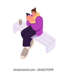 Person with social networks addiction sits on bench in park. Boy with paper cup of coffee surfing the Internet, texting, chats by smartphone. Flat isolated vector illustration on white background