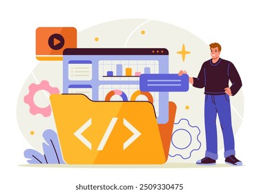 Person with software. Man with folder with documents and files. Worker with electronic storage and archive. Cloud service worker. Flat vector illustration isolated on white background