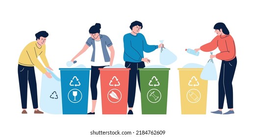 Person sorting garbage for recycle. Management waste in trash cans. Ecology recycling service concept, separated paper plastic glass in containers, recent vector scene