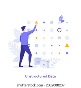 Person sorting geometric figures. Concept of unstructured data processing, organization of digital information, database structure, cluster analysis. Modern flat vector illustration for banner.