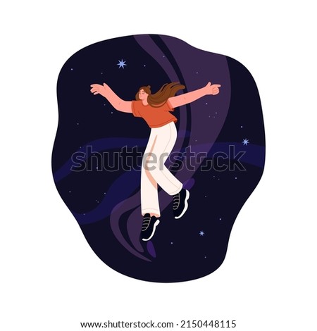 Person in space cosmos. Creative inspired woman dreamer floating, finding idea. Inspiration, imagination, creativity concept. Young girl dreaming. Flat vector illustration isolated on white background