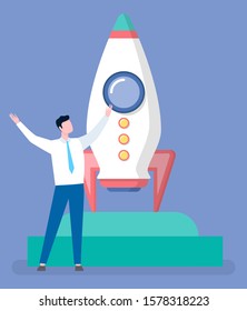 Person and spaceship or rocket going to space on start, business innovations. Vector startup project symbol, businessman and shuttle rocketship on platform