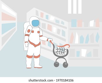 A person in a spacesuit and a closed helmet of an astronaut walking with a shopping trolley inside the shop floor against the backdrop of shelves with goods. Conceptual vector image.