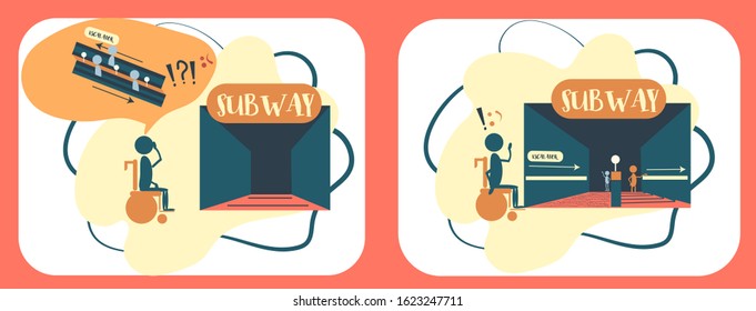 Person with spacial needs at the subway. Vector icon set.